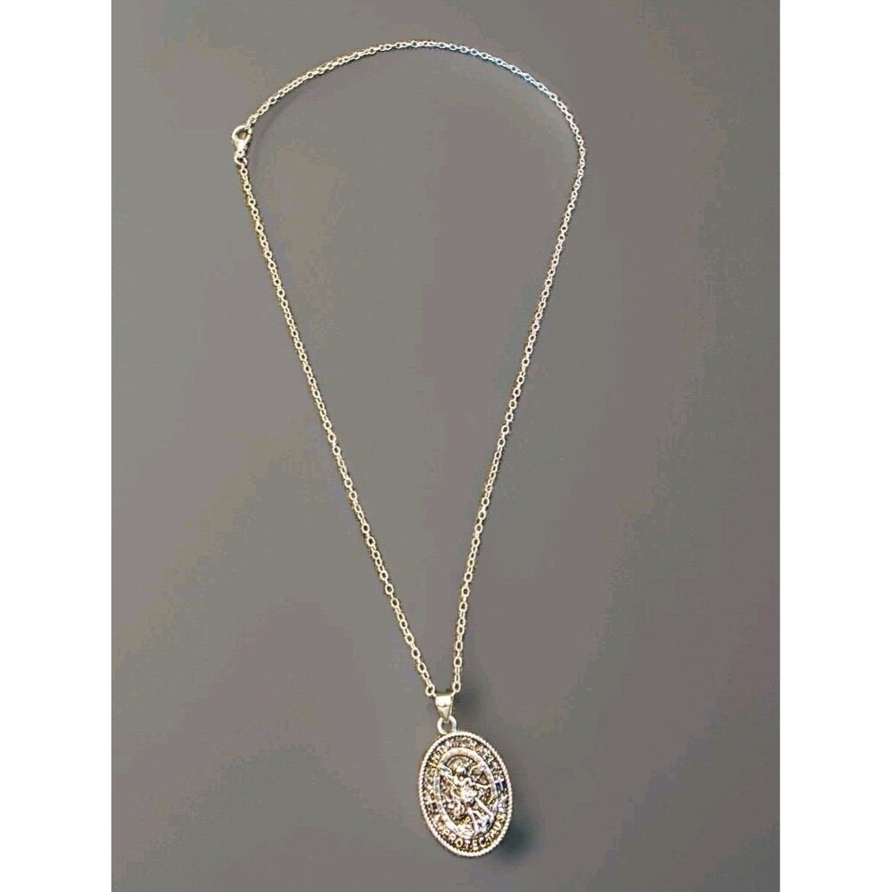 Saint Michael Protect Us Christian Medal Pendant Necklace Silver Tone
